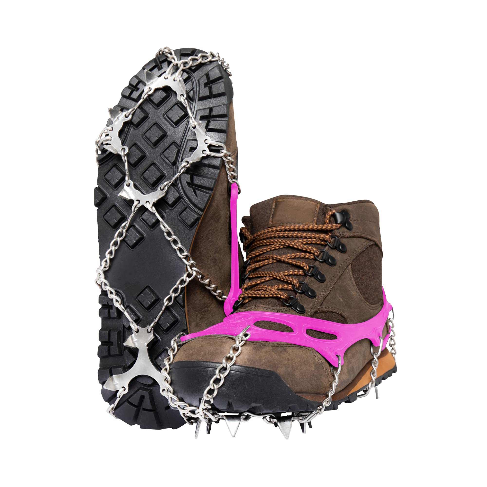 Yatta Life Ice Spikes heavy-duty stainless steel crampons with pink flexible harness for secure traction on snow and ice.