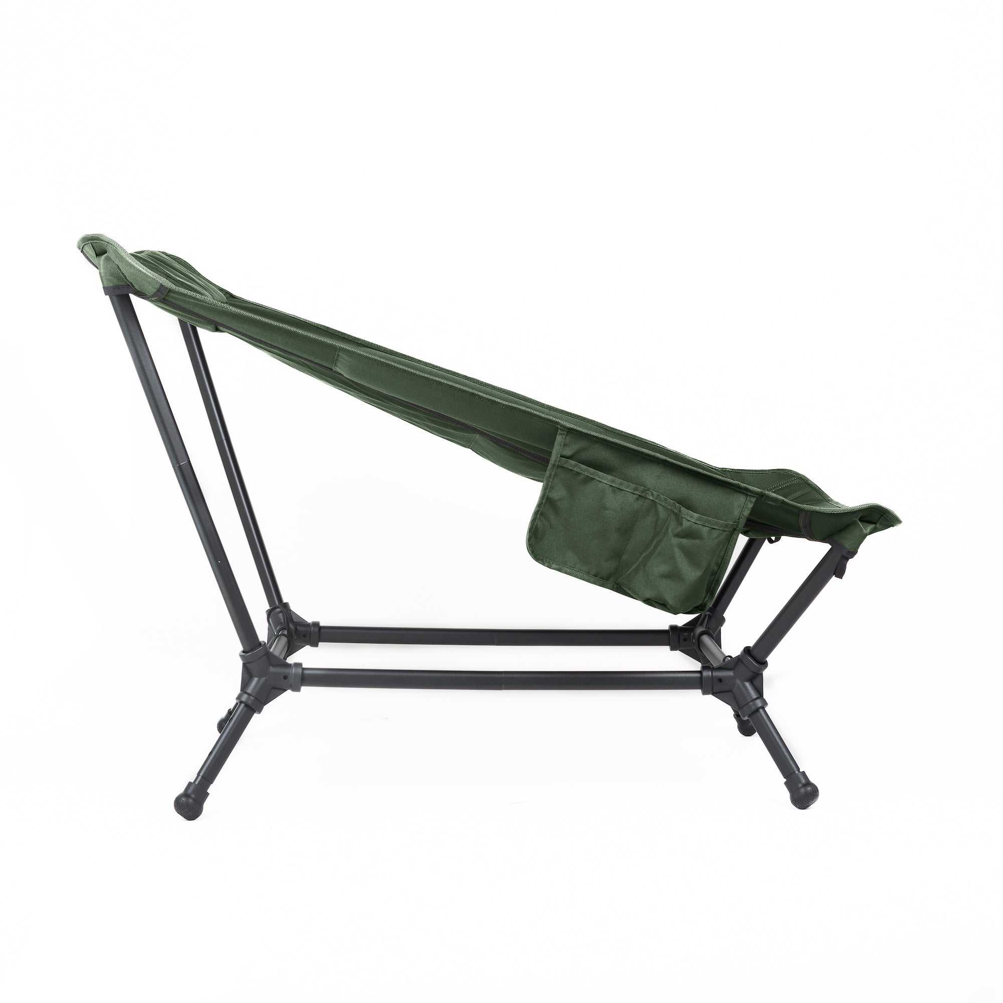 Lightweight folding camping lounge chair in army green with side pocket, durable aluminum frame, and ergonomic design.