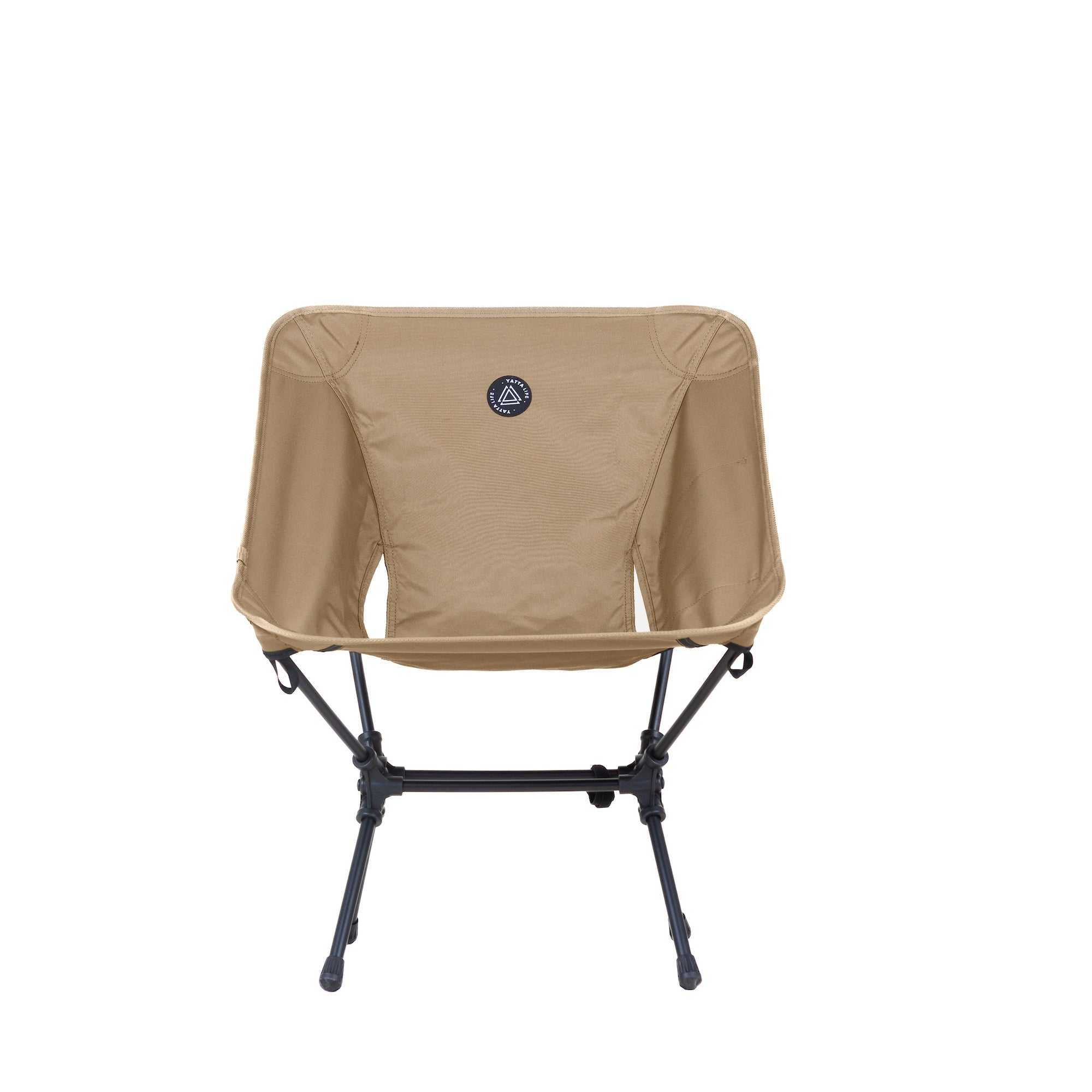 Low back ultralight folding camping chair in khaki with storage pouch.