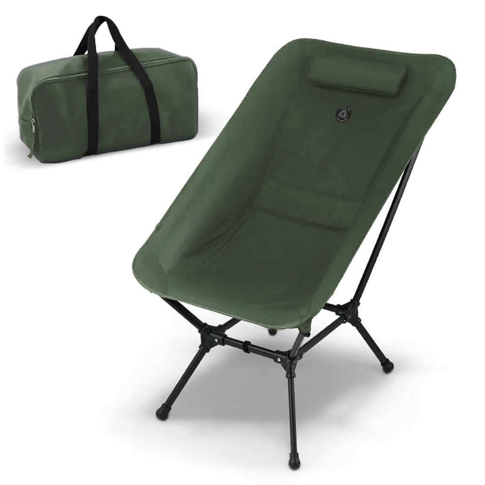 Lightweight, foldable camping lounge chair with cushion and carrying bag, durable design in army green.