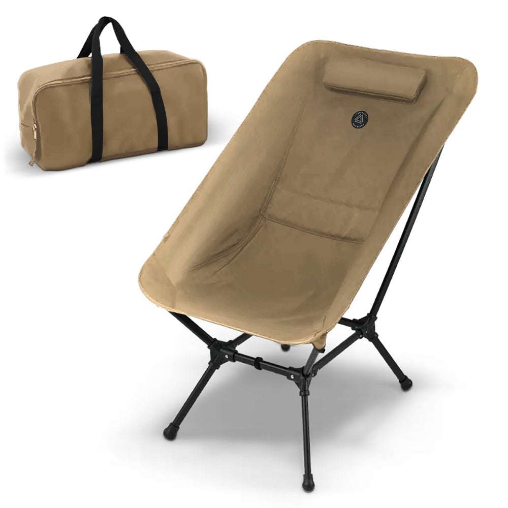 Portable Camping Lounge Chair in Khaki, with carrying bag, featuring lightweight aluminum frame and side pocket.