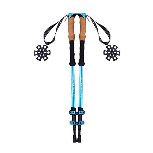 Lightweight collapsible hiking poles with cork and EVA foam grips, quick-lock adjustment, and durable aluminum shafts for all-terrain trekking.