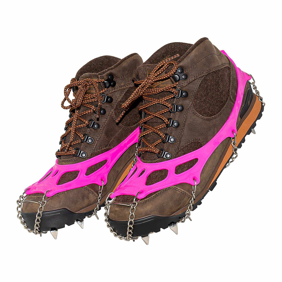 Yatta Life ice spikes in pink on brown hiking boots, angled view showing chains