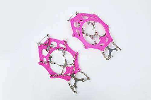 Yatta Life ice spikes pair in pink laid flat on white, off the shoe