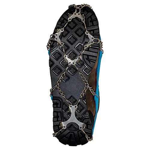 Yatta Life ice spikes underside showing steel chains and spike plates across boot tread