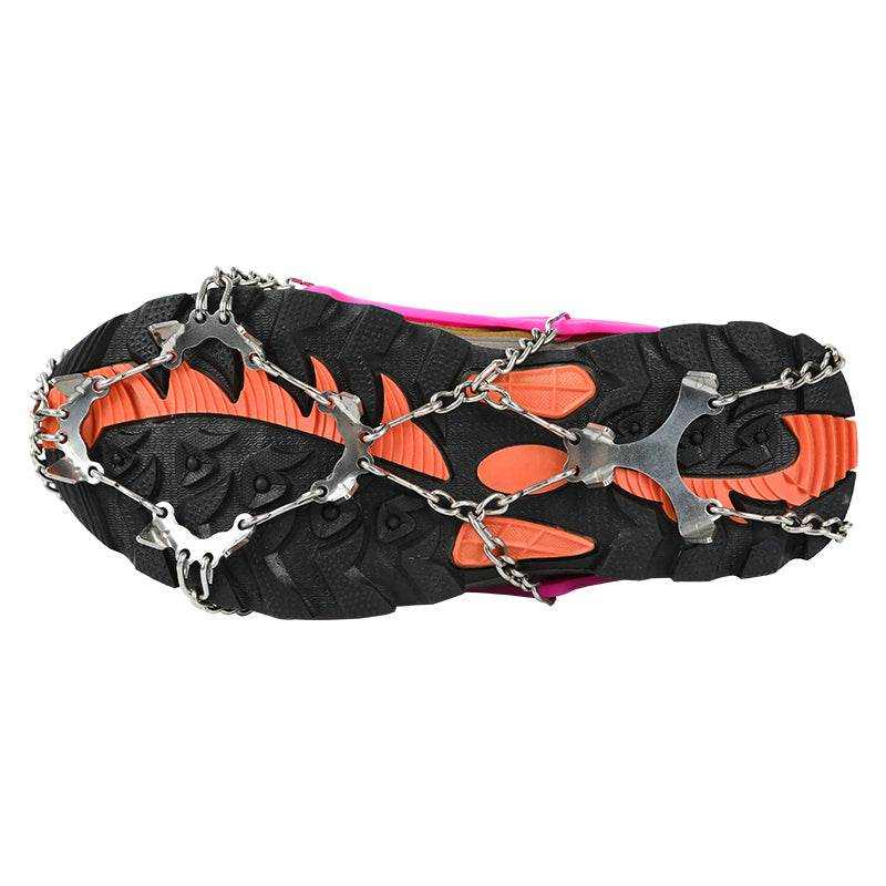 Yatta Life ice spikes underside view with steel spike plates and chains across a sole