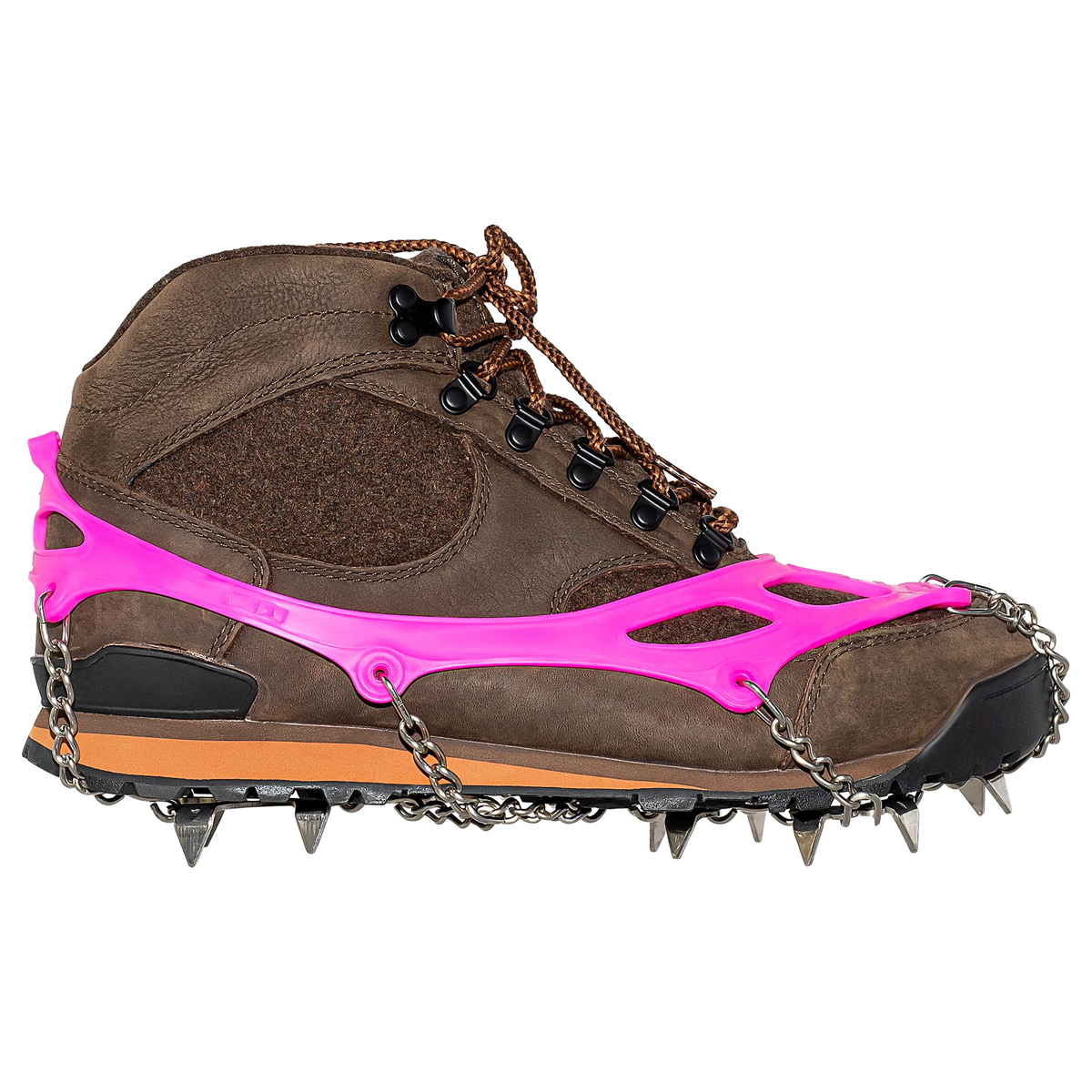 Yatta Life ice spikes in pink fitted on a brown hiking boot, side view