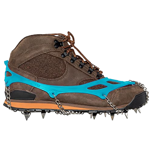 Yatta Life ice spikes in blue stretched over a brown hiking boot, side view with chains